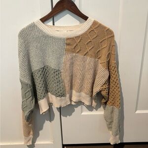 Altar'd State Patchwork Sweater - Cream, Tan, Gray